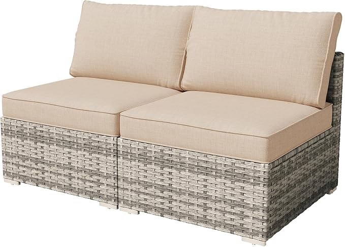 HOOOWOOO Patio Sectional Furniture Set,2 Piece Couch Set with 2 Matching Armless Chairs(Beige)