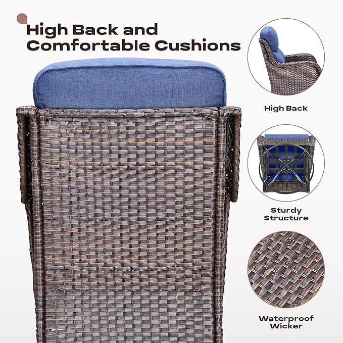 Wicker Outdoor Patio Furniture Set - 5 Piece Patio Conversation Sets with Swivel Rocker Chairs, Ottomans and Side Table, 6 inch Cushions, Waterproof Wicker, for Porch Deck Brown/Blue