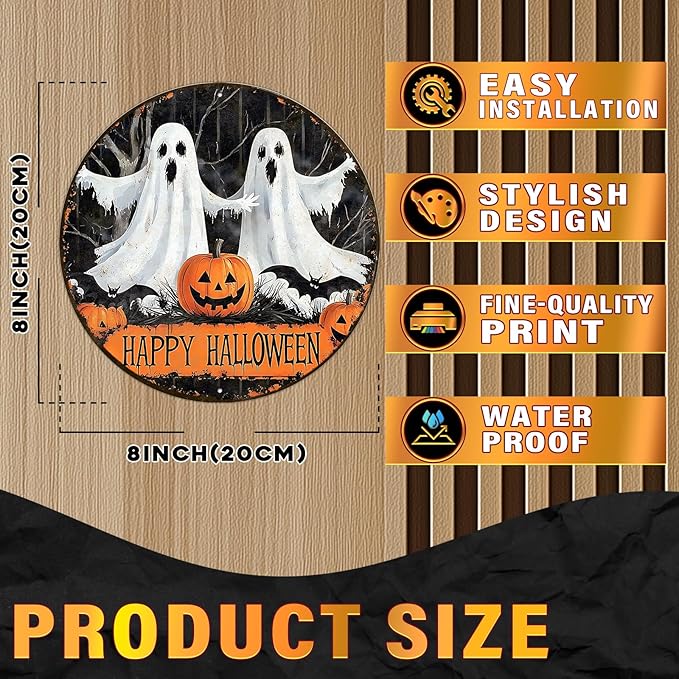 PEACHGARDEN Round Happy Halloween Pumpkin Wreath Vintage Sign Halloween Ghost Metal Tin Sign for Home Bar Kitchen Hotel Dining Room Coffee 8x8inch