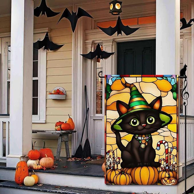 Wizard Cat Garden Flag Halloween Cute Black Cat Stained Glass Style Small Flag for Outside Pumpkin Burlap Double Sided Welcome Yard Lawn Decor 12.5x18"