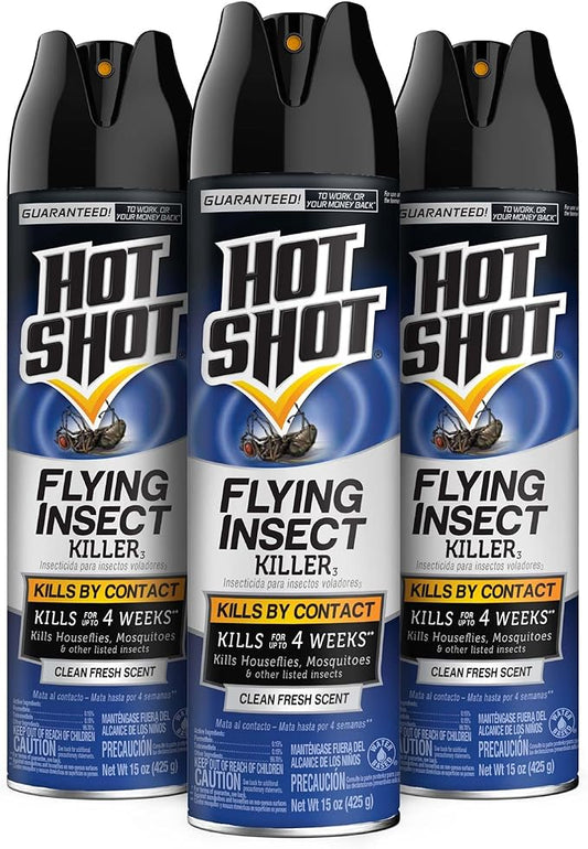 Hot Shot Flying Insect Killer, 15 Ounces, Aerosol Formula Kills Houseflies, Mosquitoes and Other Listed Flying Insects by Contact Indoors and Outdoors with Clean Fresh Scent, 3 Pack