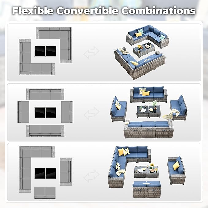 ovios 12 Pieces Patio Furniture Set, Outdoor Wicker Sectional Sofa with Glass Table Comfy Cushions, Modern Modular Deep Seat Couch Rattan Conversation Set, Denim Blue