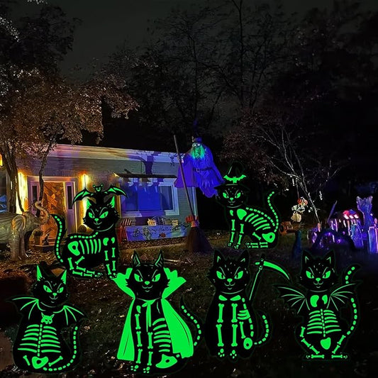 6Pcs Black Cat Halloween Decor Outdoor Glow in The Dark, 16.5”×12.6” Waterproof Spooky Graveyard Yard Stake, Scary Porch and Party Decoration, Light-Up Halloween Cat Sign