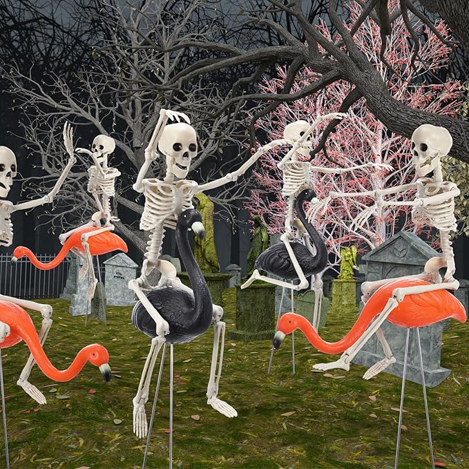 Geelin 12 Pcs Halloween Skeletons Flamingo Yard Decorations Skeleton Black Orange Flamingo Stakes for Halloween Lawn Garden Outdoor Party Decorations