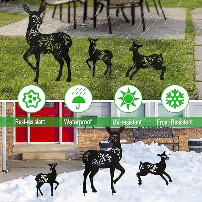 Outdoor Deer Stakes, Set of 3 Metal Deer Garden Decor for Outside,Black Silhouette Yard Art(Deer Black)
