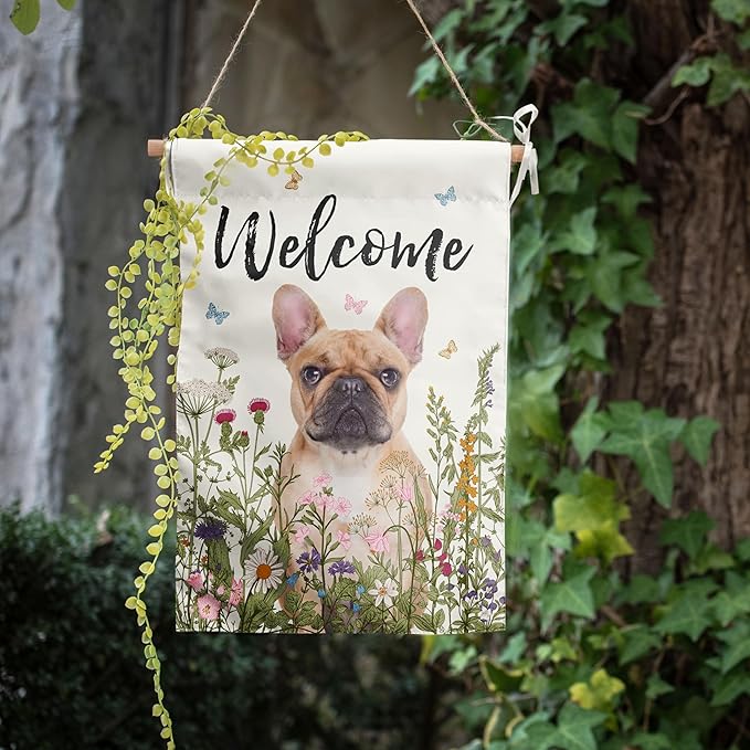 Floral French Bulldog Garden Flag Spring Summer Yard Flag Flower Dog Garden Flags for Outside Small Outdoor Welcome Flags 12x18 Double Sided