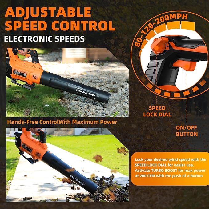 21V Leaf Blower Cordless, Electric Snow Blowers with 2X 4.0Ah Battery, Lightweight Blower with Turbo Button, Variable Speed Dial, and Cruise Control for Sidewalks, Garages, Yards & Patios