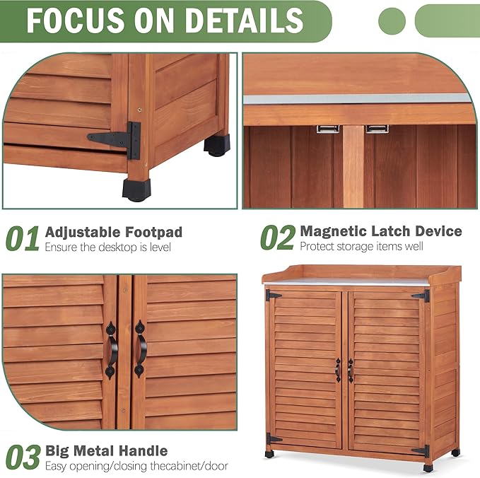 Outdoor Potting Bench with Metal Work Top,Waterproof Garden Storage Cabinet,Wooden Tool Station Shed for Backyard,Patio,Lawn Gardening