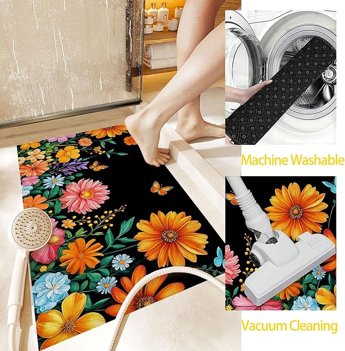 Colorful Flowers Welcome Mat Indoor,Spring Garden Wildflower Butterfly Front Door Mat,Non-Slip Entryway Rug, Low Profile Felt Indoor Doormat for Back Door Porch Patio Entrance,30 x 17 Inch