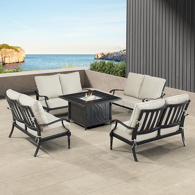Oakland Living Black Aluminum Patio Fire Table Set with Four Deep Seating Loveseat with Cushions with Light Grey Cushions