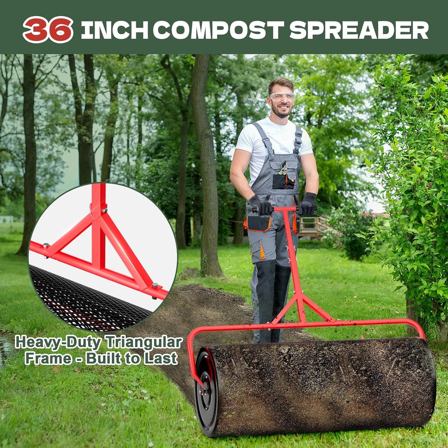 Compost Peat Moss Spreader for Lawn, 36 Inch Compost Roller Spreader with Adjustable T-Shaped Handle, Upgraded Side Clasps, Durable Lightweight Metal Roller, Lawn Garden Yard Care
