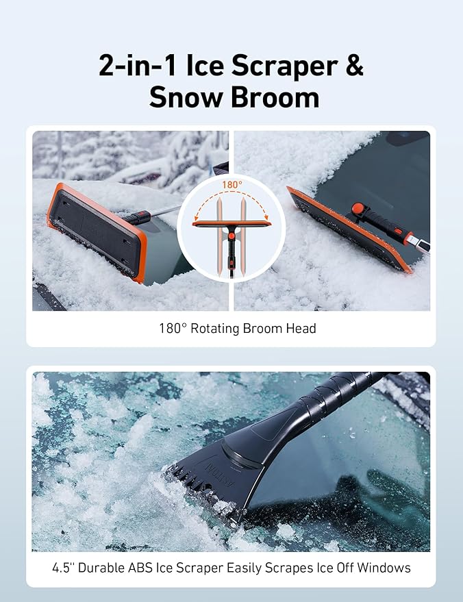 AstroAI 47.2 Inch 2-in-1 Snow Brush for Car Snow Broom and Detachable Ice Scraper with Non-Abrasive Silicone Head for Cars, Trucks, SUVs（Orange-Black）