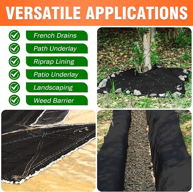 8oz 4FTx50FT Non Woven Geotextile Fabric for French Drains, Landscaping, Underlayment, Weed Control, Construction, Erosion Control