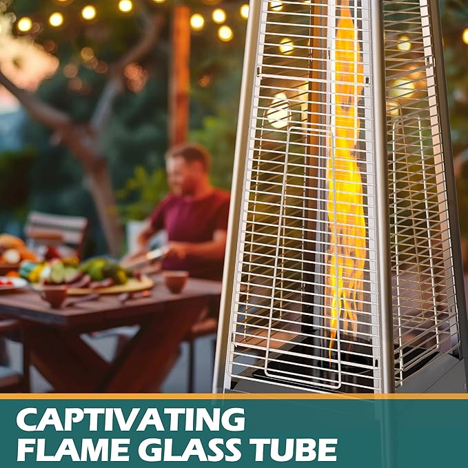 48,000 BTU Flame Pyramid Pool Heater, Stainless Steel Triple Safety Protection Patio Heater with Patio Cover, Warm Glass Tube Portable with Durable Wheels-Stainless Steel Color