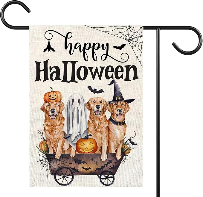 Happy Halloween Garden Flag for Outside, 12x18 Inch Double Sided Halloween Dog Pumpkin Ghost Bats Yard Flag, Farmhouse Small Yard Flags for Outdoor Decorations, Holiday Decor Gifts-A03