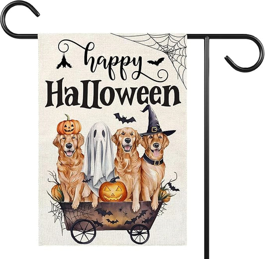 Happy Halloween Garden Flag for Outside, 12x18 Inch Double Sided Halloween Dog Pumpkin Ghost Bats Yard Flag, Farmhouse Small Yard Flags for Outdoor Decorations, Holiday Decor Gifts-A03
