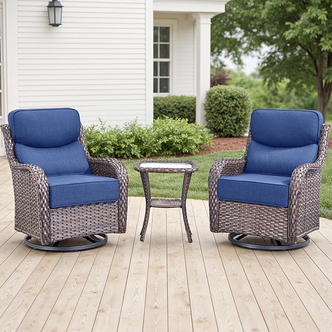 Outdoor Patio Swivel Rocker Chairs Set of 2, Waterproof Wicker, High Back, Deep Seating, Wide Armrest, Upgraded 6 inch Thick Cushions, Side Table, Ideal for Deck Porch Yard, Brown/Blue