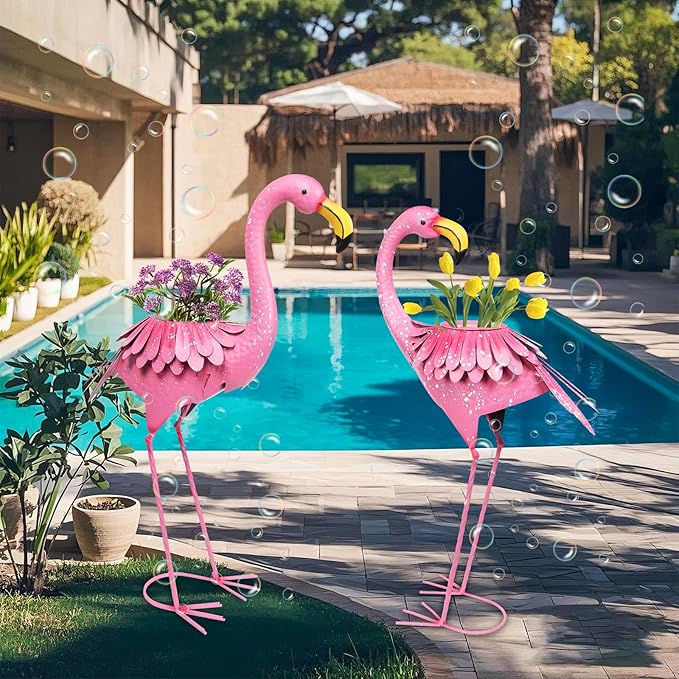 WONDER GARDEN Pink Flamingo Statue-Flamingo Planter Flower Pots - 2 Pack Flamingos Garden Statues Sculptures, Metal Birds Yard Art for Pond, Patio, Outdoor, Porch Decor