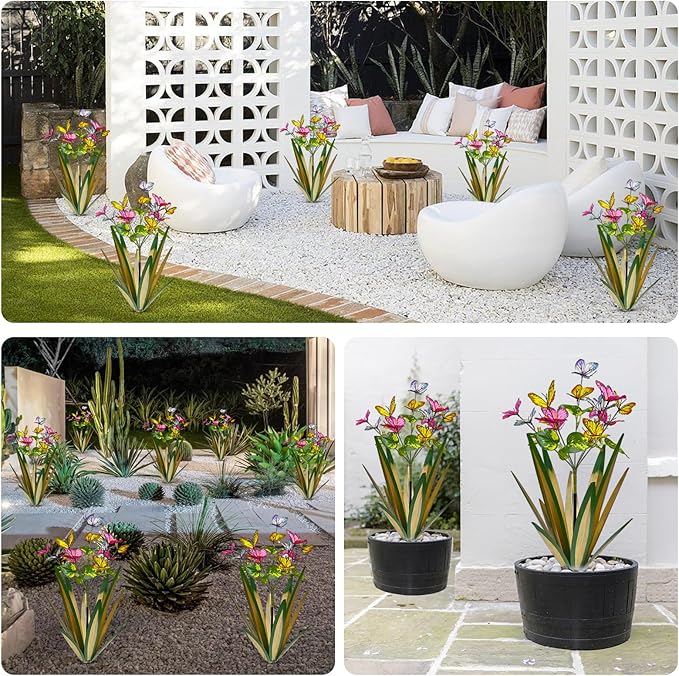 TOMBABY Garden Outdoor Butterfly Enlarge Thickened Wind Resistant Metal Agave Garden Art Metal Plant Country Sculpture Statue Decorations Ornaments Artificial Waterproof Butterflies(Light Green 2pcs)