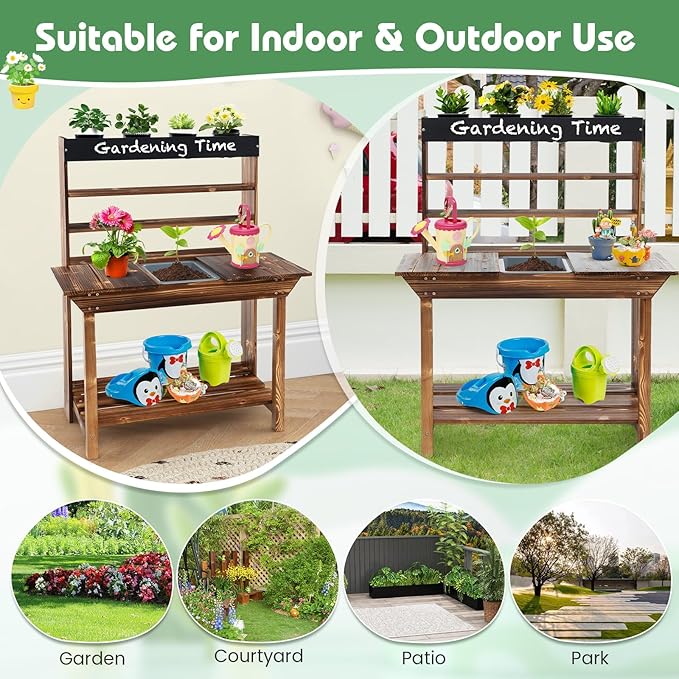 HONEY JOY Mud Kitchen, Fir Wood Kids Potting Bench Table, Removable Sink, 4 Planting Cups, Chalkboard, Outdoor Play Kitchen for Toddlers, Garden Time Mud Kitchen for Kids Outdoor Backyard