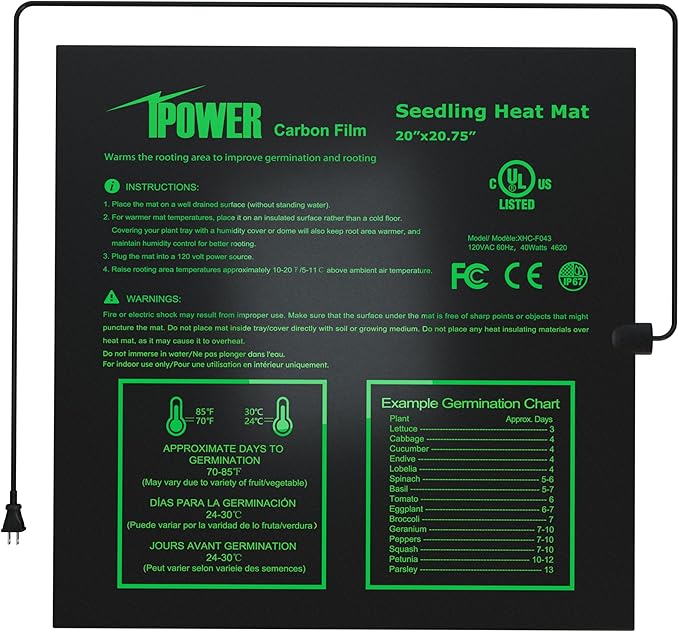 iPower 20" x 20.75" Seedling Heat Mat, Waterproof Durable UL&MET Certified Heating Pad for Indoor Gardening, Hydroponic Plant Germination
