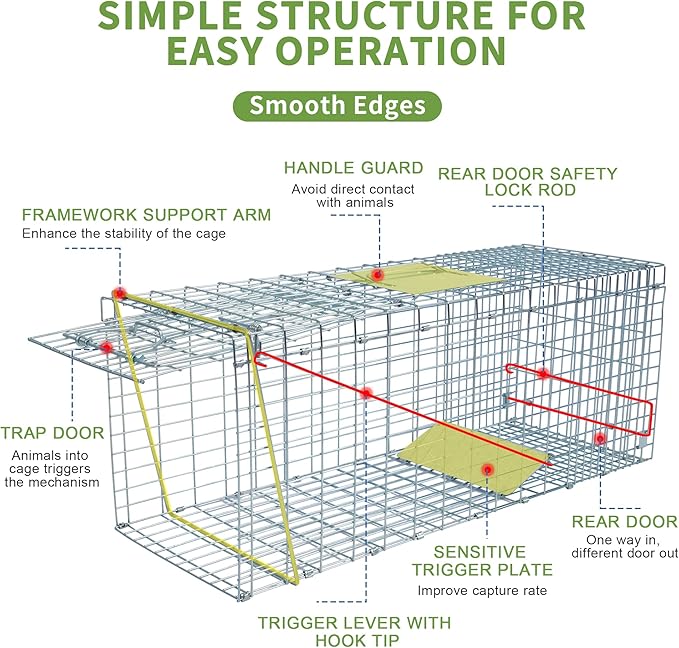 Live Animal Trap Cage with Cover, Cat Trap for Stray Cats 32 Inch Heavy Duty Folding Skunk Traps with Real Door for Raccoons, Opossums, Groundhogs, Skunks, Feral Cats, Squirrels-(32 x 10 x 12 inches)
