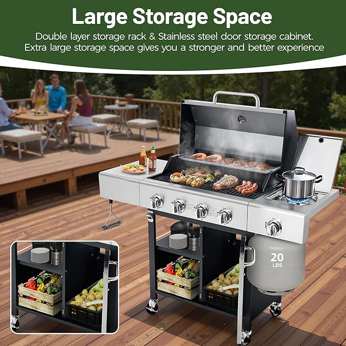 4-Burner Propane Gas BBQ Grill with Wheels, 40,000 BTU Output Stainless Steel Barbecue Grill for Backyard, Outdoor Cooking Easy Assembly, Foldable Side Tables & Spice Rack (Silver)