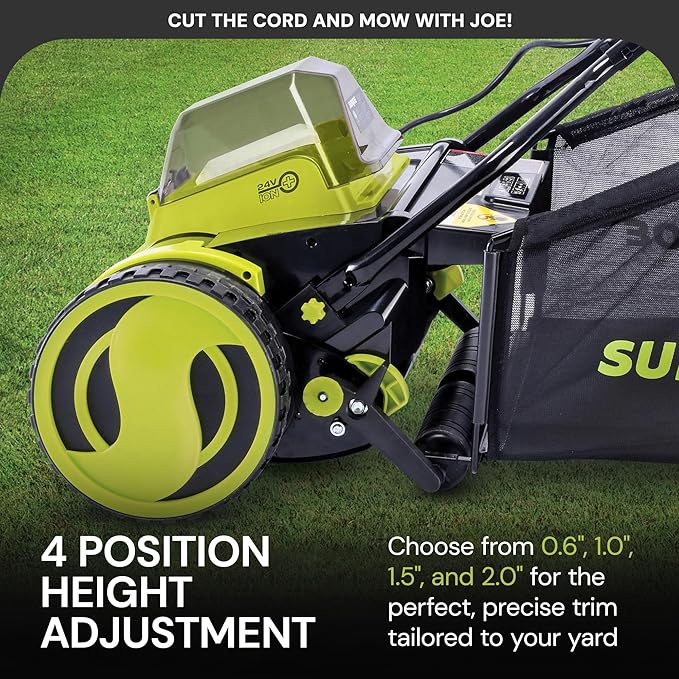 Sun Joe Cordless Push Reel Lawn Mower, 15” Yard Trimmer w/ 11.9-Gal Bag, 24V, Black/Green - Heavy-Duty Gardening Machine and Equipment for Grass, Backyard, Garden, and Patio