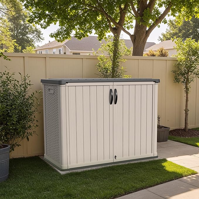 Patiowell 26 cu.ft Plastic Outdoor Storage Shed, Lockable Waterproof Resin Outdoor Storage Cabinet Tool Shed for Garden Tools, Garbage Cans, Pool Supplies, Beige(Not Include Shelves)