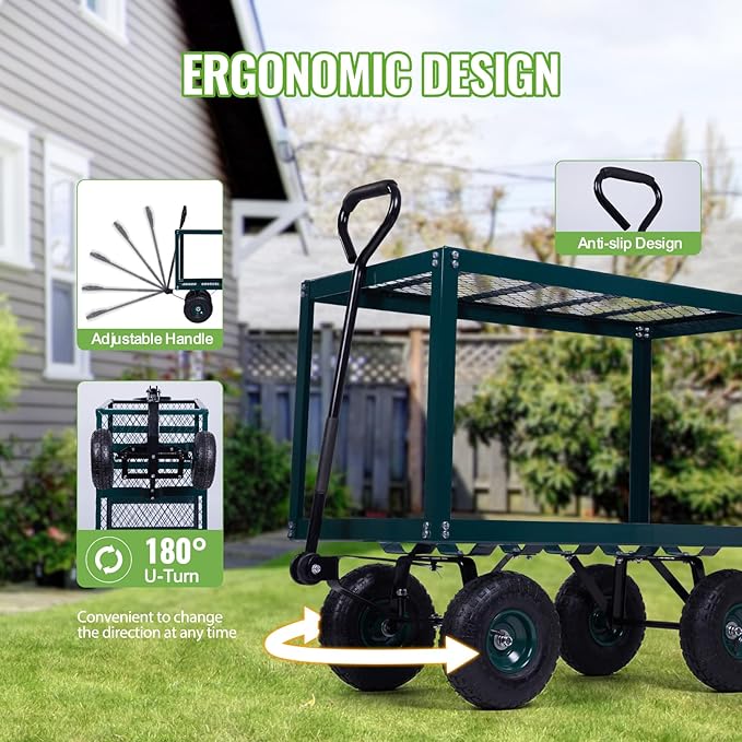 Backyard Expressions 2-Tier Heavy Duty Steel Garden Cart with Mesh Shelves and Pneumatic Wheels – Utility Wagon for Lawn, Yard, Landscaping & Outdoor Projects