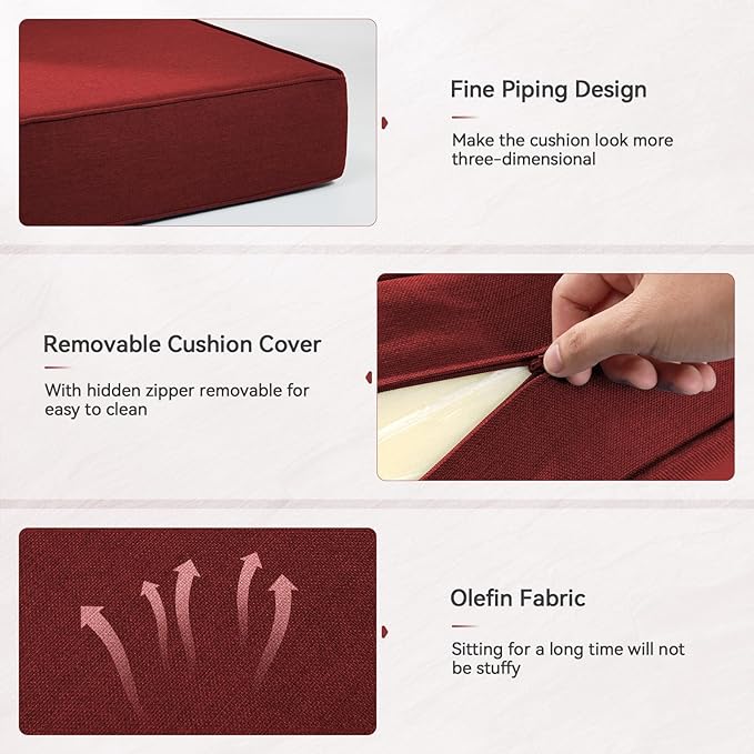 Luxury 6" Outdoor Cushions for Patio Furniture, 24x24x6 Thick Seat Cushion Set of 9, Fade Resistant Couch Chair Replacement Cushions High Density Deep Wicker Chair Cushion w/Removable Cover, Red