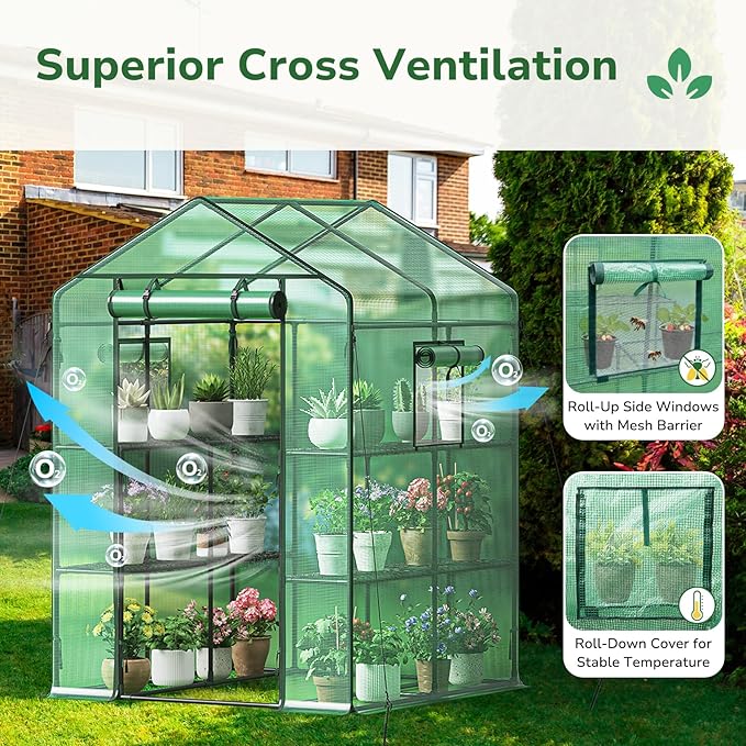 GreatBuddy Walk-in Greenhouse for Outdoors, High-Density PE Plant Cover with 2 Tiers of 8 Shelves, 4.5x4.5x6.5ft, Perfect for Plant Growing, 4 Ropes and Stakes Included