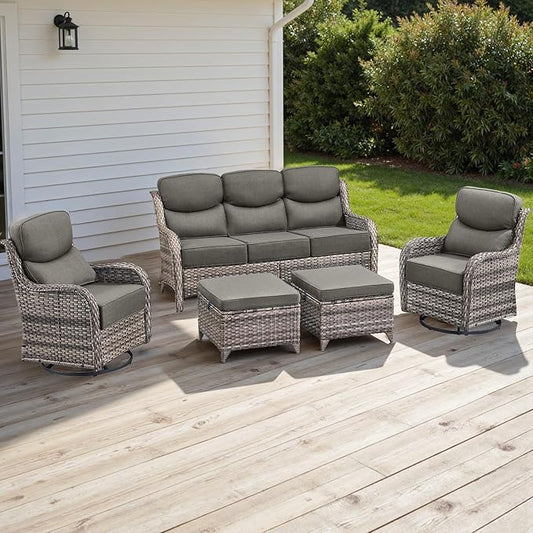 Wicker Outdoor Patio Furniture Set - 5 Piece Patio Conversation Sets with Swivel Rocker Chairs, Ottomans and Sofa, 6 inch Cushions, Waterproof Wicker, for Porch Deck Mixed Grey/Grey