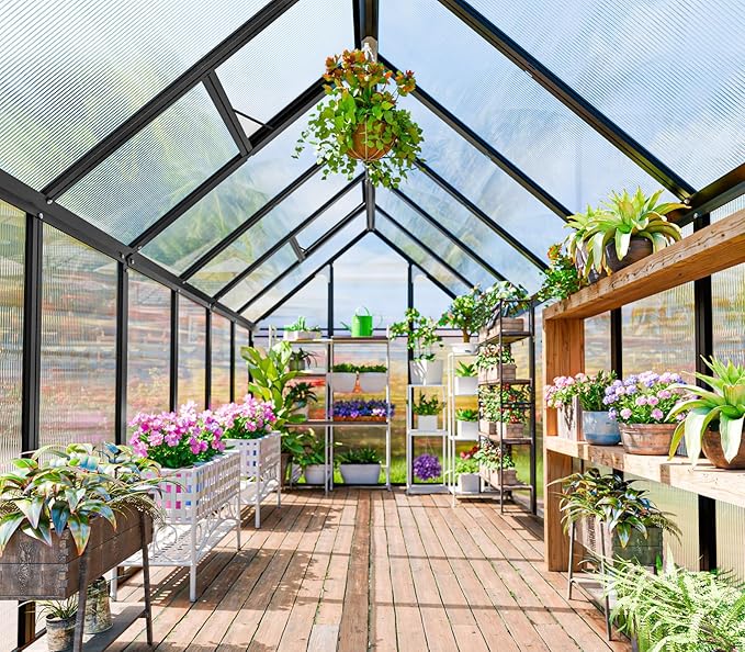Polycarbonate Greenhouse Kit,12x6x6 FT Outsides Aluminum Frame Heavy Duty Green House with Transparent Panels Windows Door for Backyard Garden, Outdoor Walk in Plant Greenhouses,Black Frame