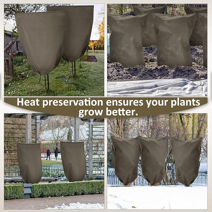 12 Packs Winter Plant Covers Freeze Protection Drawstring Tree Cover 23.62 x 31.5 in Large Reusable Frost Protection for Plants Fruit Tree Shrub, Outdoor Prevention Bag (Brown)