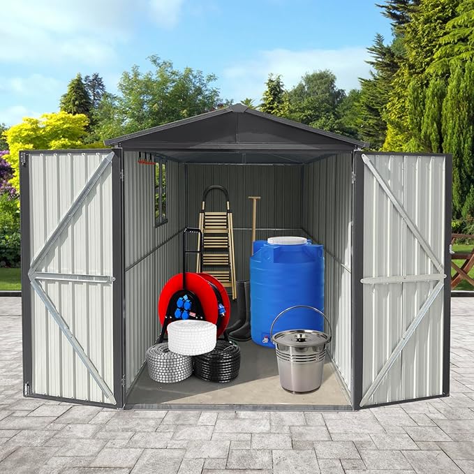 6x10 FT Outdoor Storage Shed, Metal Motorcycle Shed with Window, Storage Building with Lockable Hinged Doors & Sloped Roof, Waterproof Outside Garage Sheds for Garden, Backyard, Patio, Gray