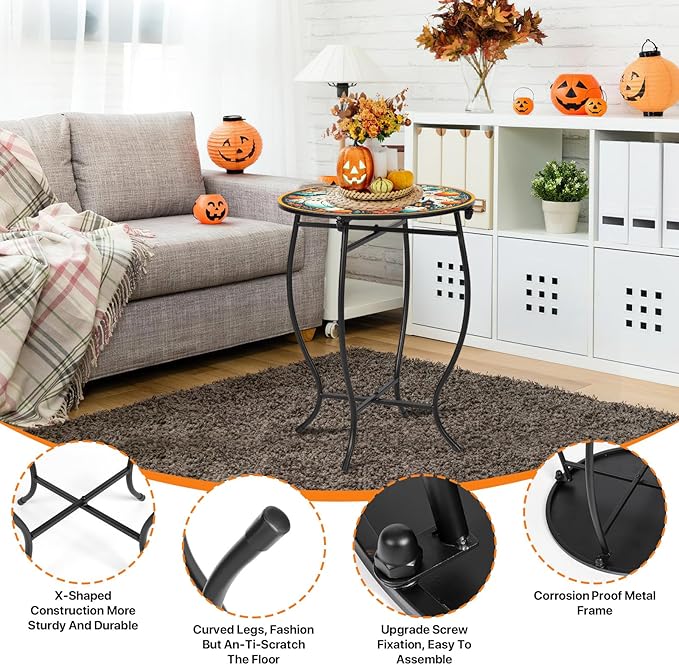 Round Side Table, Indoor Outdoor Small Side Table, Weather Resistant Metal Table for Livingroom Patio Balcony Yard Porch Garden, 17 Inch Heigh Patio Accent Table Plant Stand