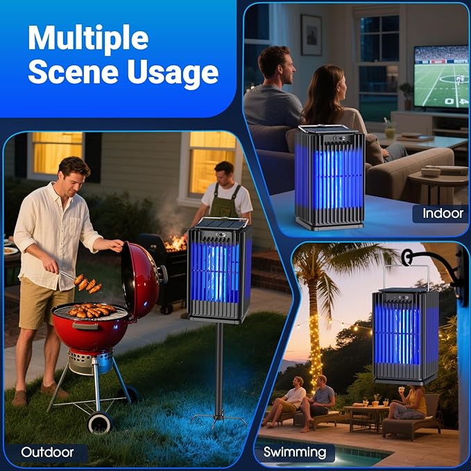 Solar Bug Zapper Outdoor Waterproof, Solar Mosquito Zapper Outdoor with Ground Bracket, Cordless Fly Zapper with Illuminated Light, 5000mAh Rechargeable Mosquito Killer