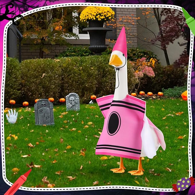 Geyoga Halloween Goose Crayon Costume Porch Goose Outfits 23" Fall Geese Clothes Classroom Lawn School Garden Patio Yard Outdoor Decorations(Pink,Crayon)