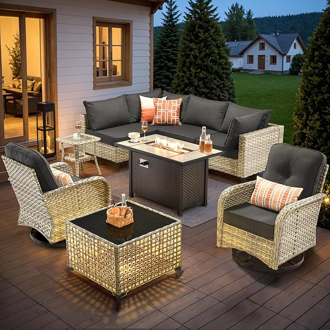 HOOOWOOO Outdoor Patio Furniture Set with Fire Pit Table,9 Pieces Wicker Out Door Sectional Furniture L Shaped Couch,Outside Patio Conversation Sets Swivel Chair,Black
