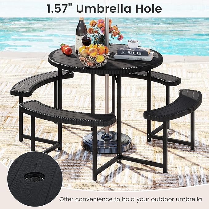 Tangkula 8 Person Picnic Table, HDPE Outdoor Round Table and Bench Set with 4 Built-in Benches, Umbrella Hole, Metal Frame for Garden Yard Patio Lawn