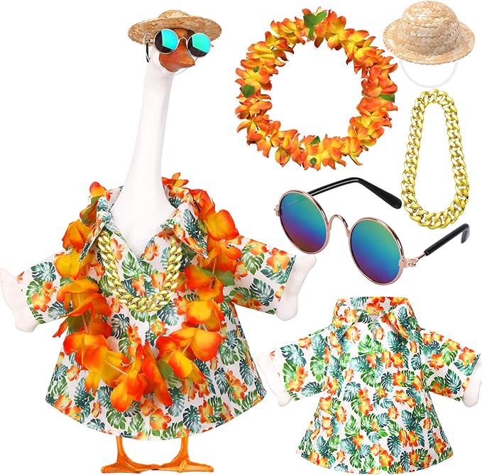 5Pcs Porch Goose Outfits Summer Hawaiian 23" Yard Garden Lawn Goose Clothes with Wreath Straw Hat Glasses Necklace Funny Porch Goose costume Set for 23" Plastic Cement Goose Statue Outdoor Decoration