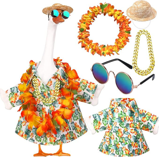 5Pcs Porch Goose Outfits Summer Hawaiian 23" Yard Garden Lawn Goose Clothes with Wreath Straw Hat Glasses Necklace Funny Porch Goose costume Set for 23" Plastic Cement Goose Statue Outdoor Decoration