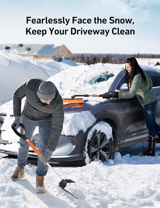 AstroAI 2" 1 Ice Scraper & Snow Shovel Kit, 47.2" Ice Scrapers for Car Windshield and 360° Pivoting Snow Brush, Extendable Snow Shovel with Foam Grip for Car, Trucks, SUVs, Vehicles（Orange）