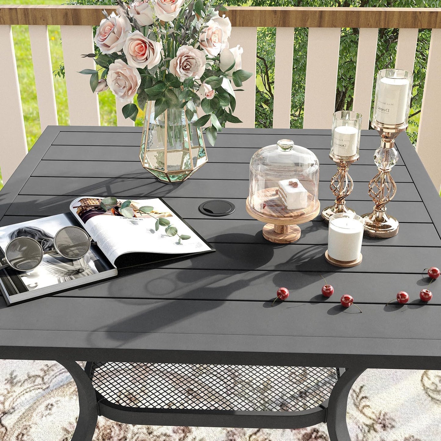 VICLLAX 5 Pieces Patio Dining Set, Outdoor Furniture Set Includes 37.8" Square Outdoor Table and 4 Stackable Patio Sling Chairs, Grey Tabletop and Grey Fabric