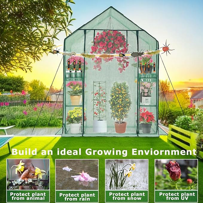 Walk-in Greenhouse 3 Tiers 6 Shelves Roll-Up Zipper Door -28x56x76 inch PE Greenhouse Cover for Outdoor Plant Gardening Plants Cold Frost Protection Wind Rain Proof(PLGHW001G-N)