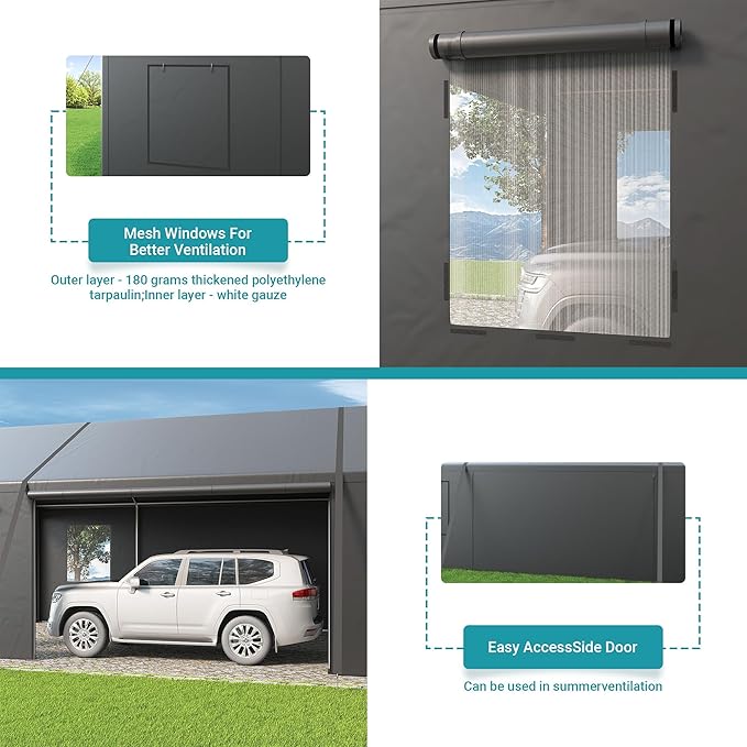 Carport, Heavy Duty Car Port 20x20 FT, Large Car Canopy with Roll-Up Windows & Side-Opening Door, Outdoor Portable Garage Reinforced Four-Hole Base for Car, Truck, Boat, Motorcycle
