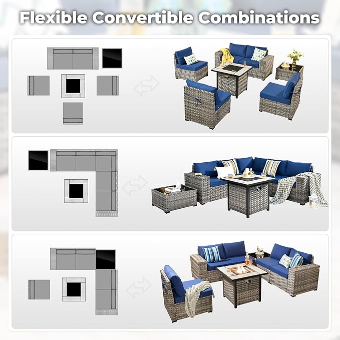 ovios 7 Pieces Patio Furniture Set, Outdoor Wicker Sectional Sofa with 30 Inch Fire Pit Table Comfy Cushions, Modern Modular Deep Seat Rattan Couch Conversation Set, Navy Blue