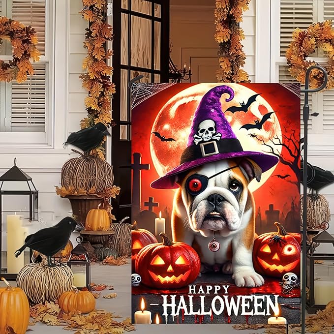 Hello Halloween Garden Flag One-eyed French Bulldog Dog Pumpkins Double Sided Vertical Seasonal Autumn Outdoor Yard Lawn Decorations Banner 12 x 18 Inch English Bulldog Witchy Halloween Flag