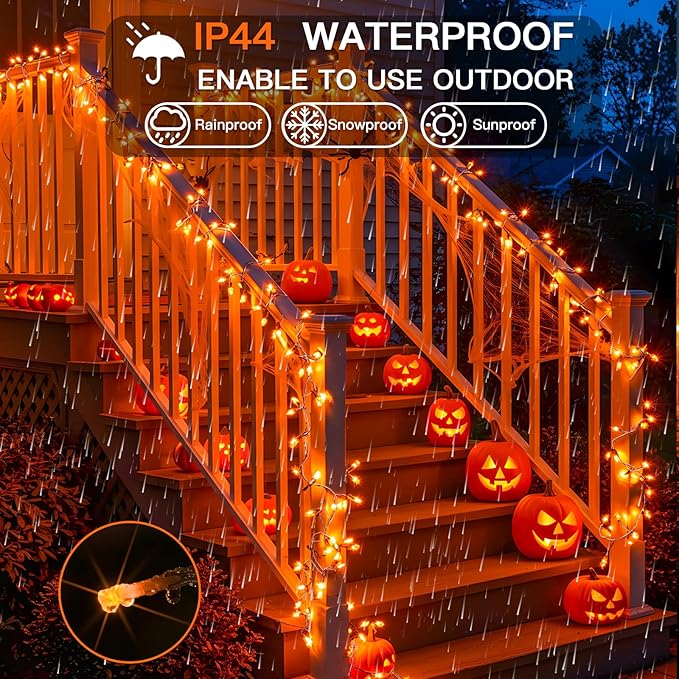 suddus Orange String Lights Outdoor with Remote, 33ft 100 LED Connectable Waterproof Halloween Lights Plug in, Dimmable Clear Wire Fairy Lights for Fall,Thanksgiving, Party, Tree, Garden, Porch Decor